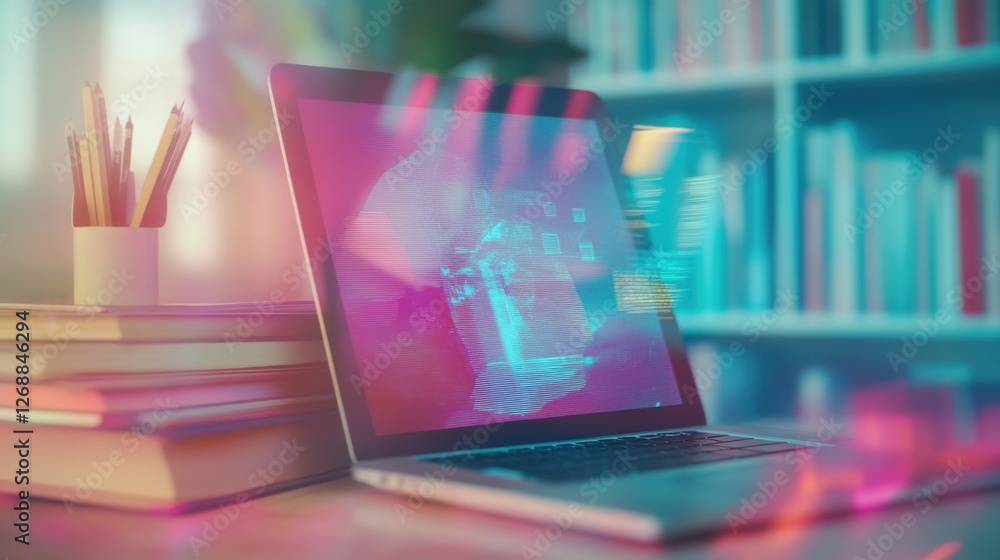 Poster creative double exposure featuring a laptop with a unique design in a well-lit study area