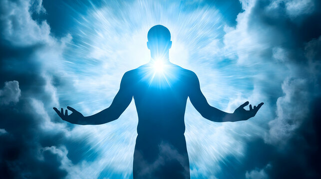 Man radiating light, celestial background, spiritual awakening, faith concept