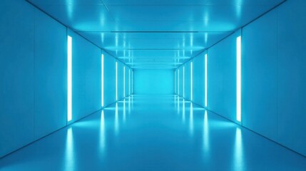 Futuristic Blue Corridor with Bright Neon Lighting and Reflective Floor, Ideal for Modern Technology and Sci-Fi Designs
