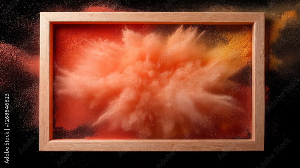 Poster wooden frame with matte finish showcases vibrant explosion of colored powder, creating dynamic and a