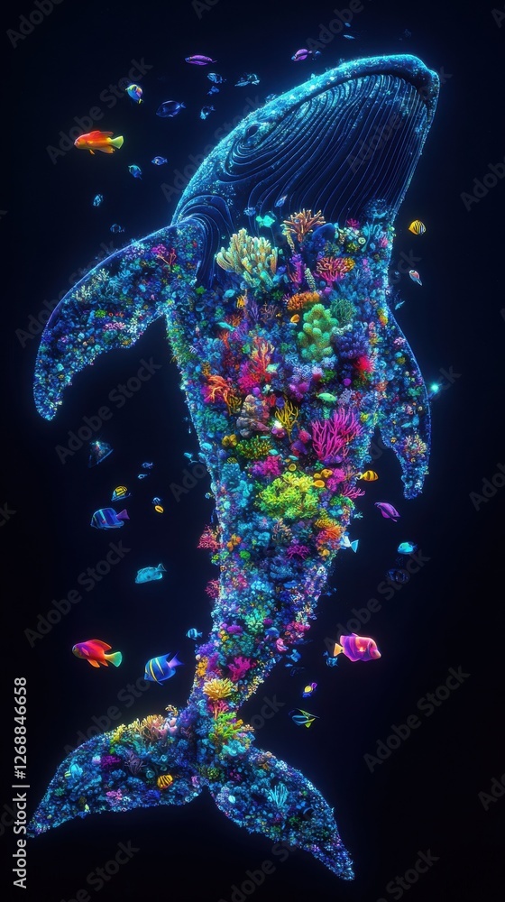 Poster conceptual visualization of a glowing whale surrounded by vibrant coral and fish in an underwater la