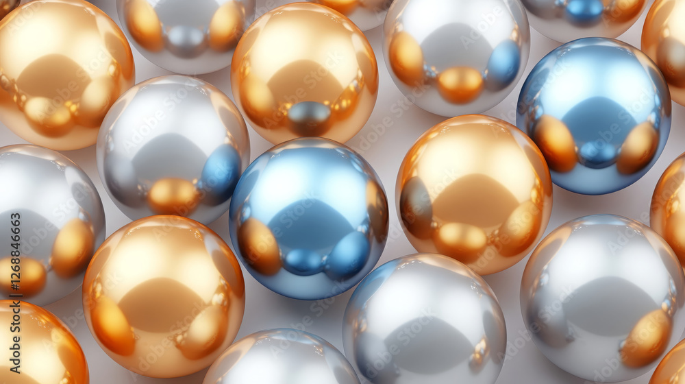 Poster glossy metallic spheres in various colors, including orange, blue, and silver, create abstract and v