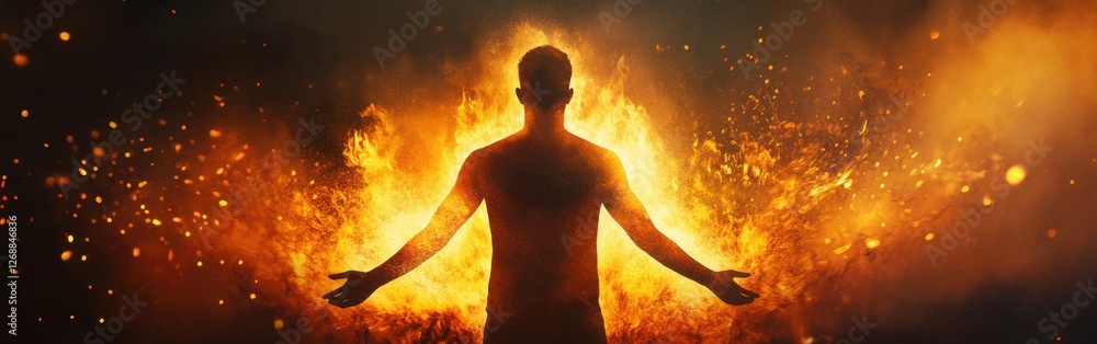 Poster glowing man surrounded by fiery energy emanating from the body in a dark environment