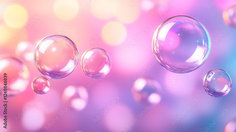 Poster artistic representation of soap bubbles drifting in colorful background, creating dreamy and whimsic