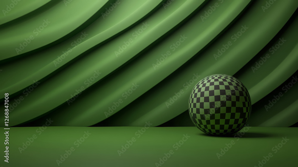 Poster captivating abstract scene featuring checkered sphere against textured green background with wavy pa