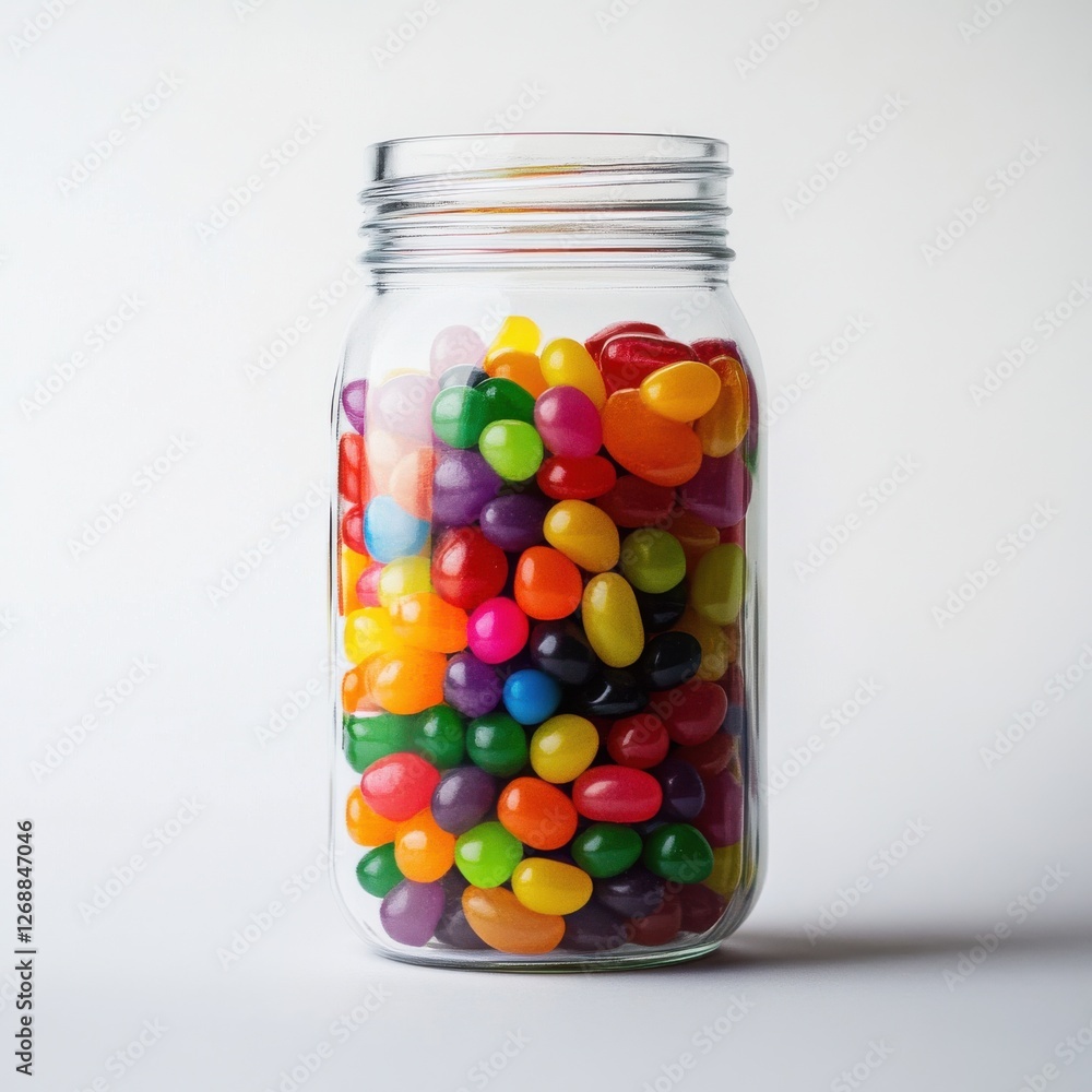 Poster Brightly colored jellybeans filled in a clear jar create a cheerful display on a simple background