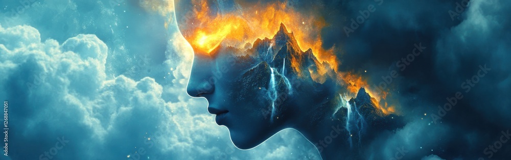 Aufkleber conceptual depiction of a glowing man's face intertwined with natural elements against a dramatic sk