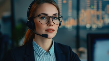 A focused professional woman wearing glasses and a headset, ready to assist in a modern office environment with data visuals in the background.
