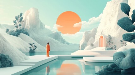 Long-term financial strategy visualization through creative landscape with mountains, water, and sunset in a serene color palette