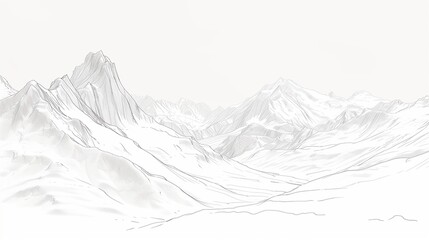 A simple line art sketch of a mountain range, with sharp peaks and gentle slopes, isolated on a pristine white surface.