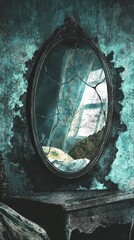 Obraz premium Cracked oval mirror reflecting a window in an abandoned room