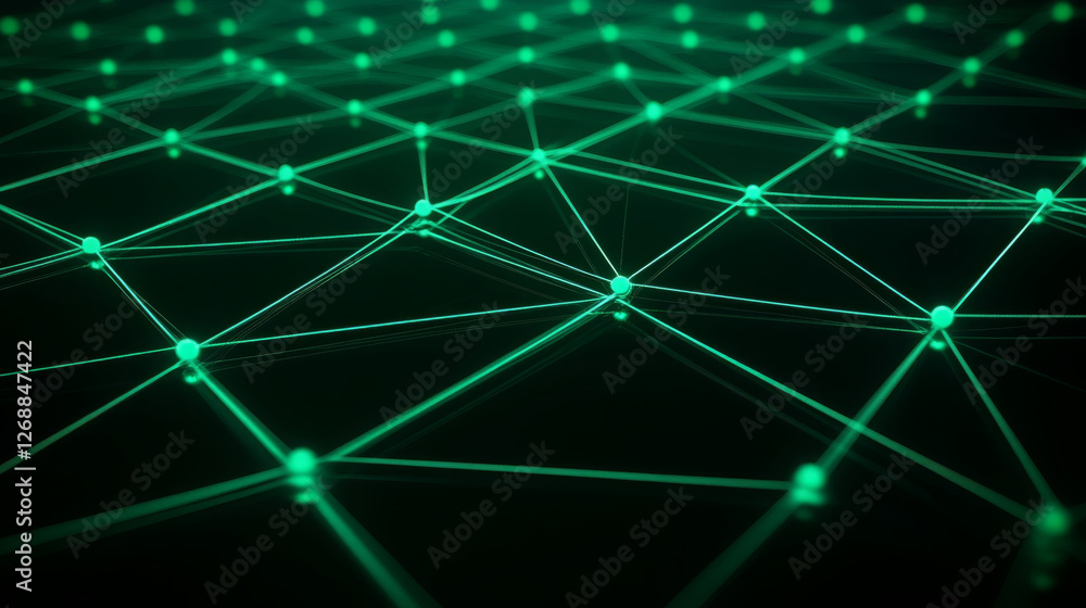 Poster close up shot of web of nodes and connecting lines, showcasing vibrant green network structure again