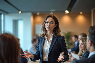Woman in a business suit speaking confidently in a meeting room
