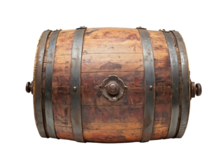 Vintage Wooden Barrel with Metal Bands and Rustic Design