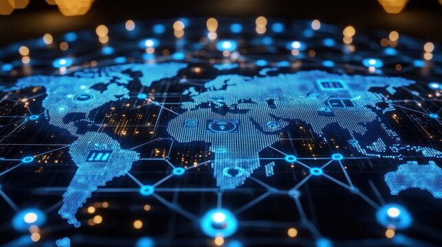 Global network connection, digital world map with data points and icons.