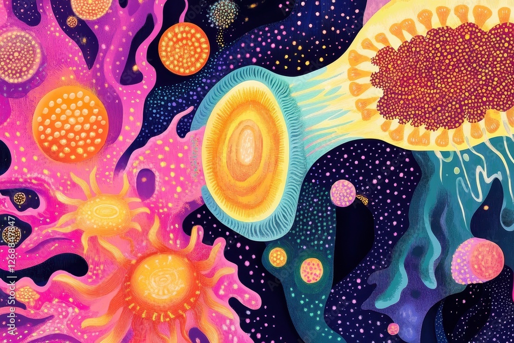 Poster bright artistic rendering displays abstract cell structures and cosmic particles