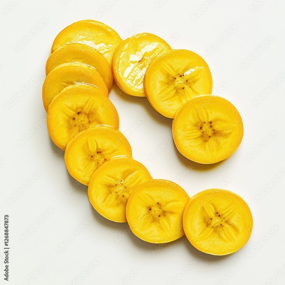 Poster bright yellow banana coins arranged in a fun pattern on a clean white surface
