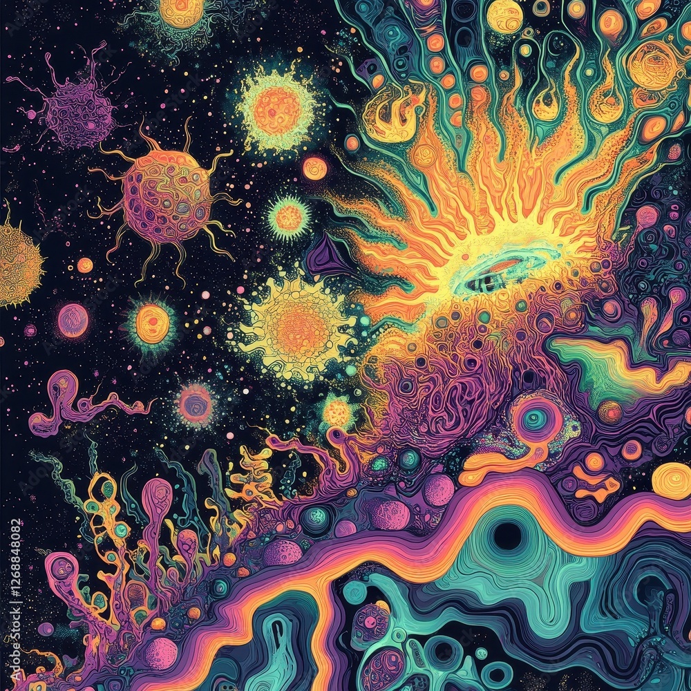 Poster Colorful and abstract rendering showcases cells in a deep space setting