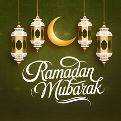 Ramadan Mubarak! Festive lanterns and crescent moon.