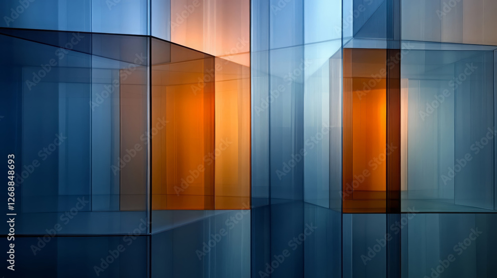 Poster dynamic multiple exposure shot showcasing abstract geometric shapes in vibrant blue and orange hues,