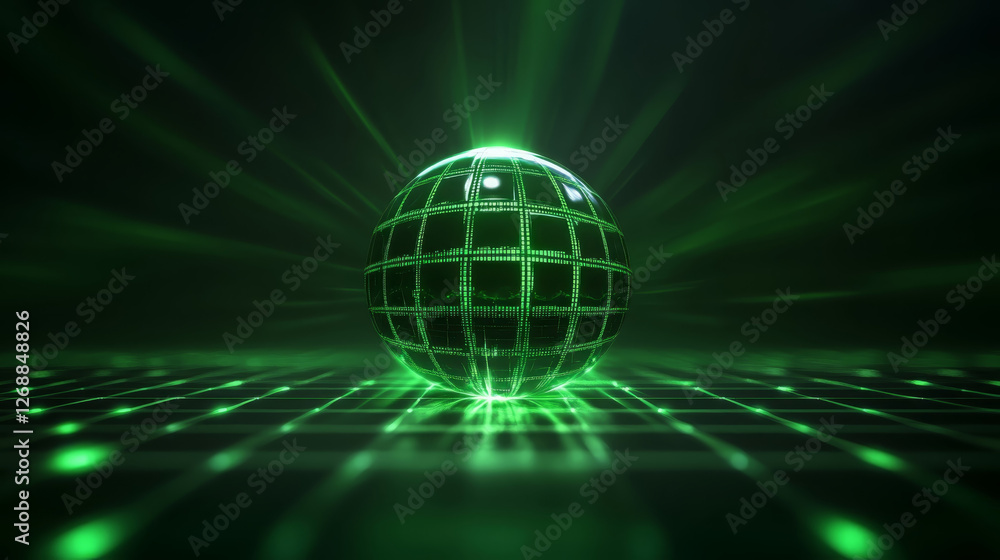 Poster futuristic abstract background featuring glowing green sphere with grid pattern, radiating light and