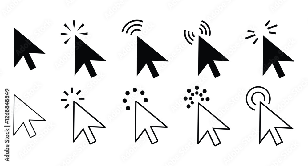 Poster mouse click icon vector set, cursor, click icons set. click set vector. arrow and mouse forms, vecto