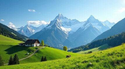 Serene Mountain Vista A Picturesque Farmhouse Nestled Amidst Lush Green Pastures and Majestic Snow-Capped Peaks Under a Brilliant Blue Sky