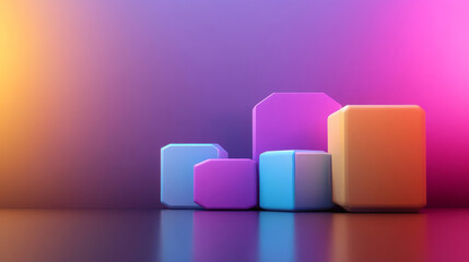 Futuristic abstract scene featuring colorful 3D geometric shapes in vibrant hues. composition creates visually striking effect with smooth surfaces and soft lighting