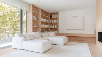 Modern Light-Filled Living Room with Bookshelves, Interior Design, Relaxation Space, Potential for Stock Photo Use