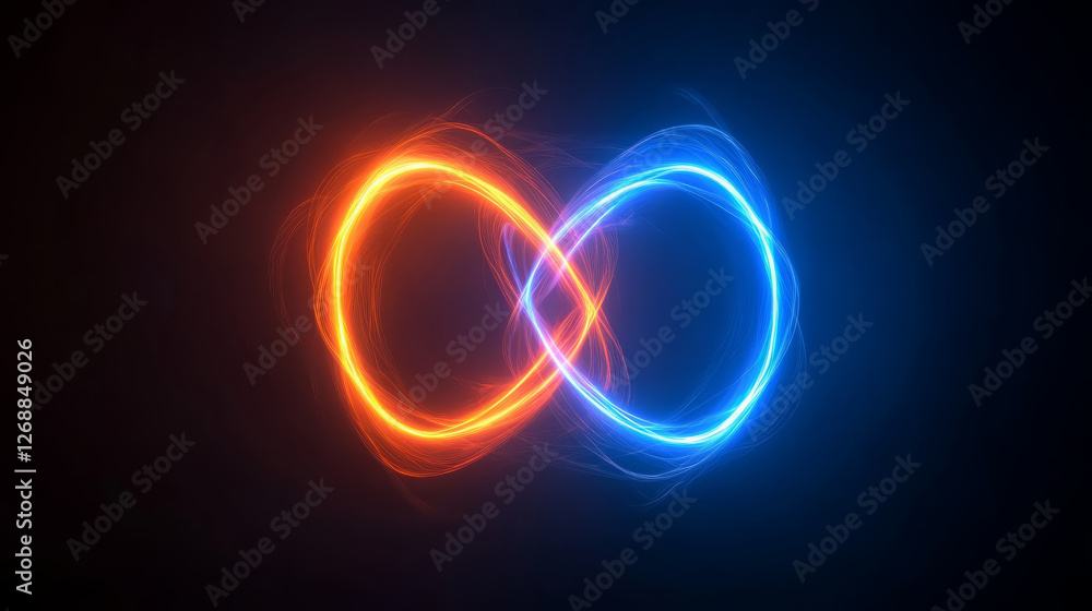 Poster vibrant infinity symbol created with glowing orange and blue light, representing balance and harmony