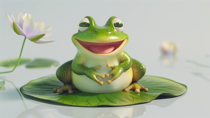 A smiling cartoon frog sitting on a lily pad, depicted on a white background.