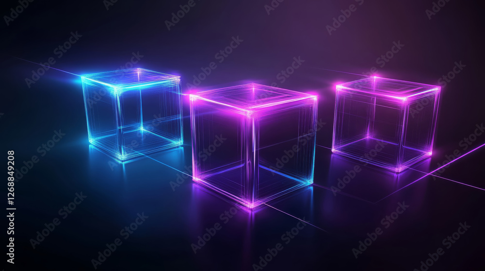 Poster high tech abstract scene featuring glowing neon cubes in vibrant colors, creating futuristic atmosph