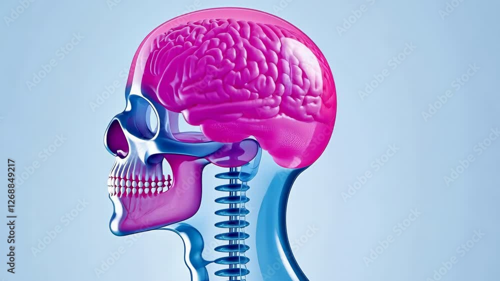 Poster digital illustration of human skull and brain anatomy pink skeletal structure and side view highligh