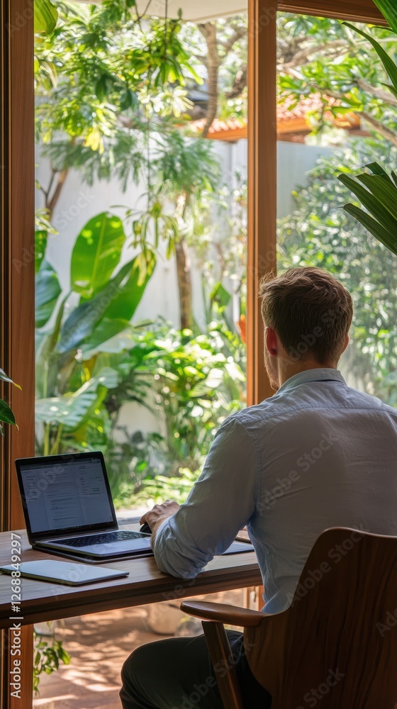 Poster relaxed man working at a minimalist desk surrounded by greenery in a tranquil indoor setting