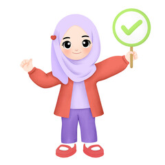 Kid carrying correct or check sign with yes or thumbsup hand gesture 