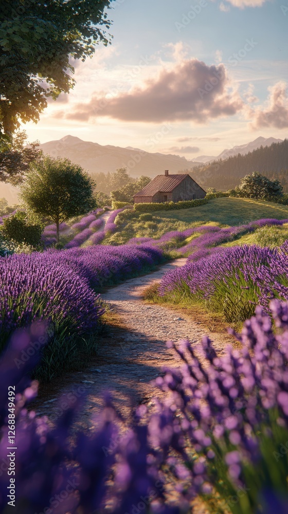 Poster winding path through blooming lavender fields near a rustic cottage under a serene sky