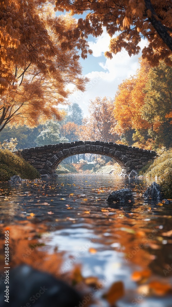 Poster cobblestone bridge alongside a serene river surrounded by autumn foliage in a peaceful setting
