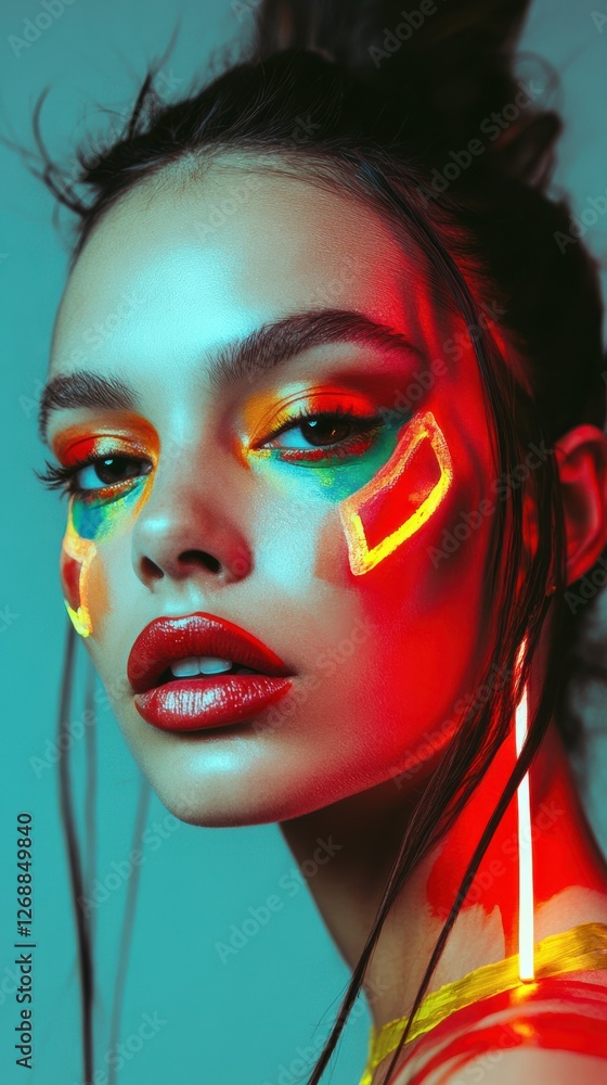 Poster artistic portrait showcasing vibrant colors and makeup on a model with striking features in a creati