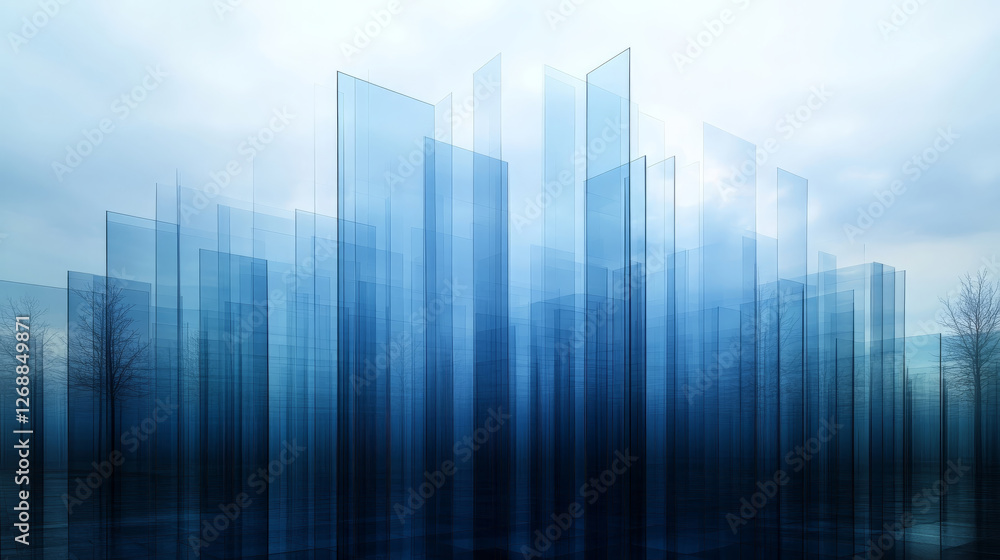 Poster striking multiple exposure image featuring translucent blue glass structures that create abstract ci
