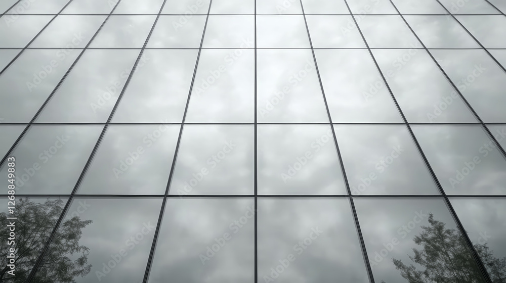 Poster modern glass building reflecting clouds and trees, showcasing grid pattern. sleek design emphasizes 