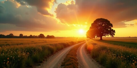 Serene Sunset Landscape Golden Hour over a Country Road, Silhouetted Tree, and Vibrant Wildflower Meadow