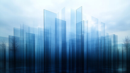striking multiple exposure image featuring translucent blue glass structures that create abstract cityscape effect, evoking sense of depth and tranquility