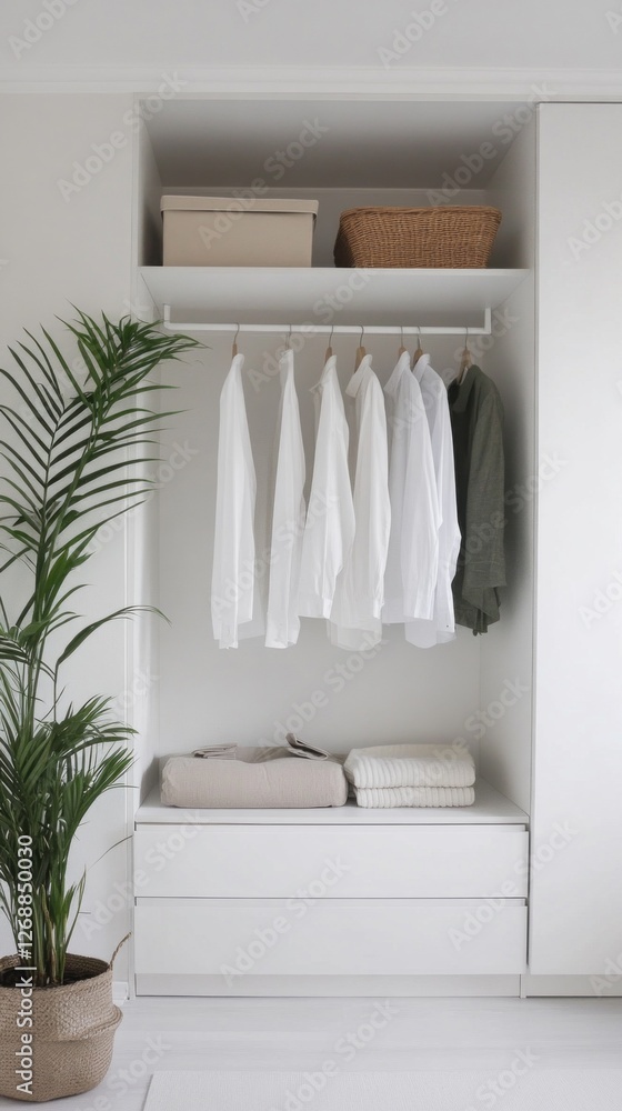 Poster a serene white closet showcases neatly hung garments in a minimalist style. below, soft textiles are