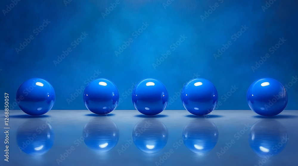 Poster shiny blue spheres arranged in row on reflective surface against blue background create serene and m