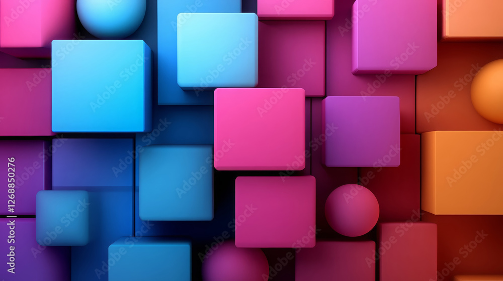 Poster vibrant and dynamic composition of colorful geometric shapes, including cubes and spheres, creating 
