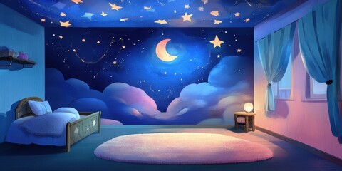 Cartoon bedroom featuring celestial night sky painted on walls