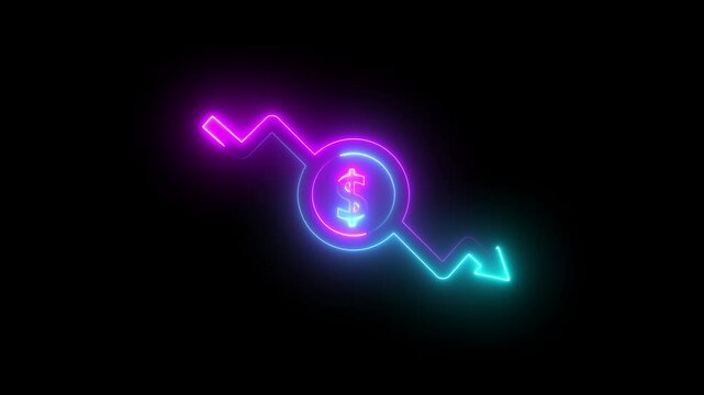 Money loss. Cash with down neon arrow stocks graph, concept of financial crisis, market fall. Money, profit, investment, economy, finance and demotion business concept Animation on black background