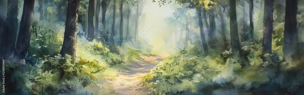 Aufkleber sunlight filtering through trees in a tranquil woodland path during a gentle morning