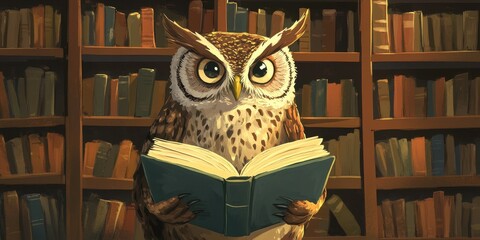The wise owl is reading a book in a library