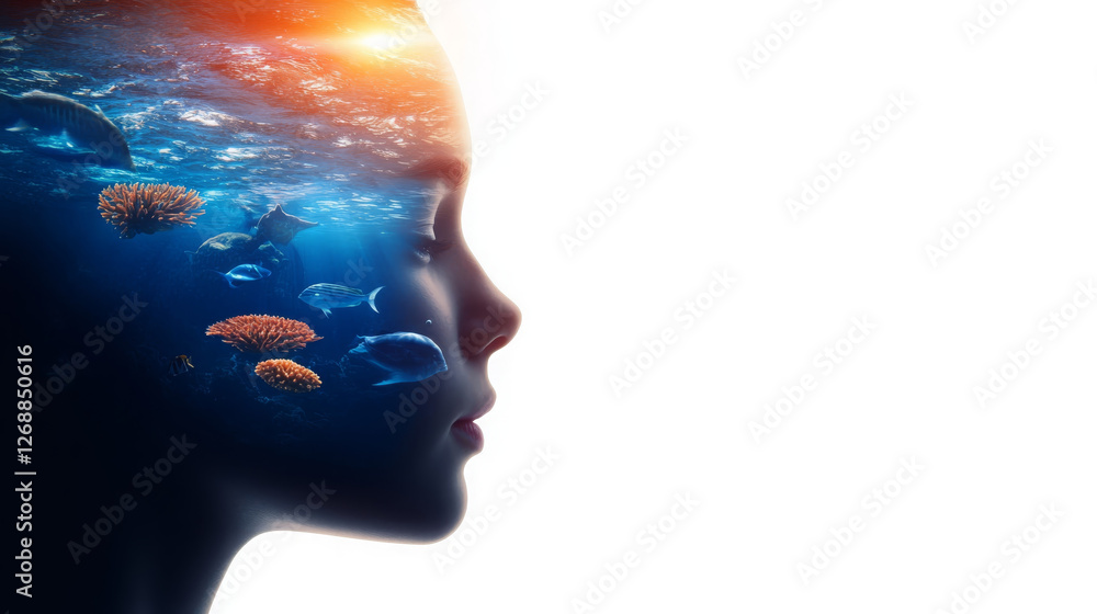 Poster visually captivating double exposure image featuring child profile with underwater scene filled with